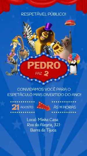 Convite de Aniversário Circo Madagascar Digital para Editar
