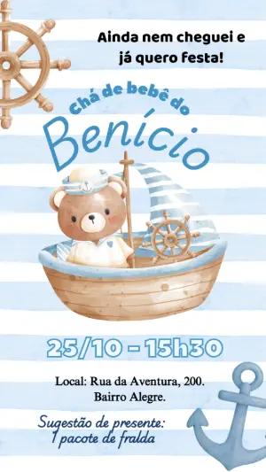 Convite Chá de Bebê Ursinho Marinheiro Aquarela para Editar