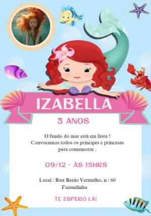 Convite de Aniversário Pequena Sereia com Foto para Editar