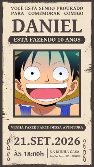 Convite Animado Aniversário One Piece Wanted Editável