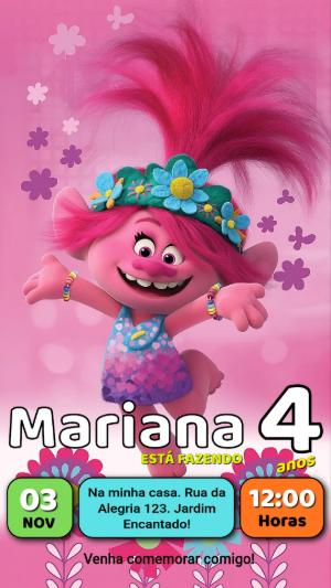 Convite Editável de Aniversário Trolls com a Poppy