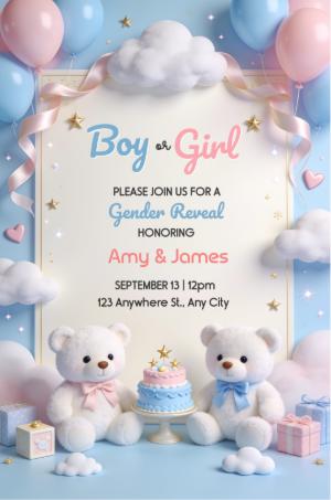 Cute Teddy Bear Gender Reveal Invitation Editable Template