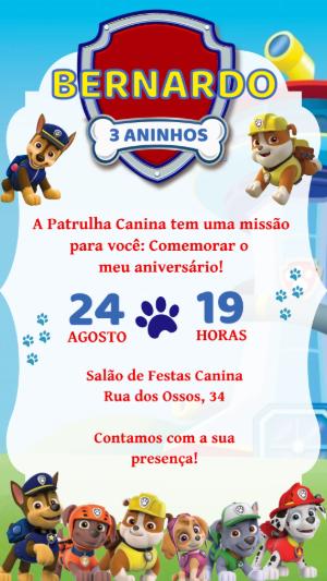 Convite de Aniversário Patrulha Canina | Modelo Digital Editável