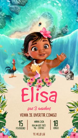 Vídeo Convite Animado Moana Baby para Aniversário Editável