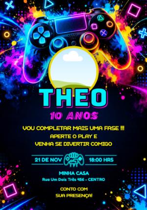Convite de Aniversário Gamer com Foto para Editar