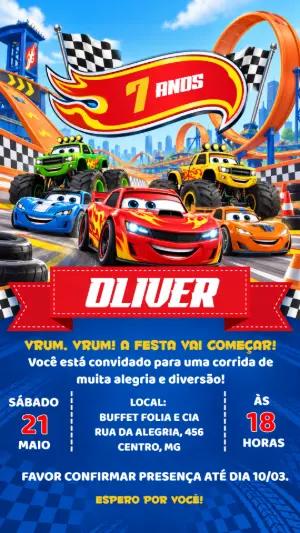 Convite de Aniversário Carros de Corrida Editável para Menino