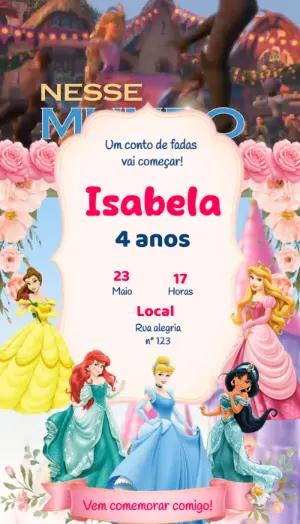 Convite Animado de Aniversário Tema Princesas para Editar
