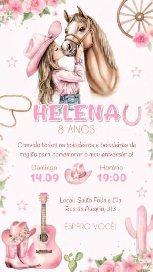 Vídeo Convite de Aniversário Country Rosa com Cavalo Editável