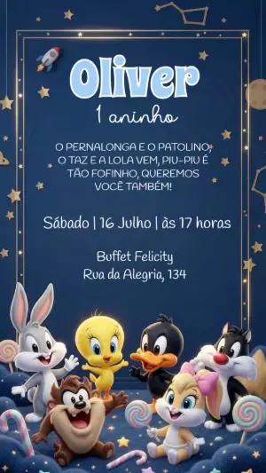 Vídeo Convite de Aniversário Baby Looney Tunes Céu Estrelado Editável