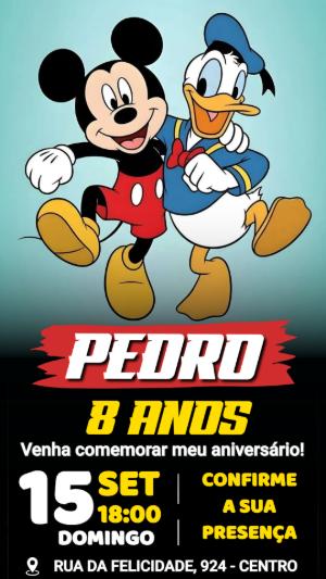 Convite de Aniversário Mickey e Pato Donald Editável