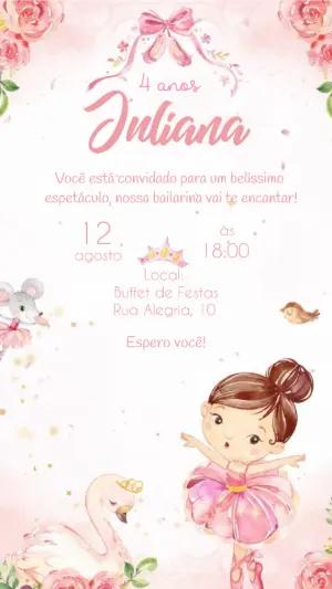 Vídeo Convite de Aniversário Bailarina Rosa Editável