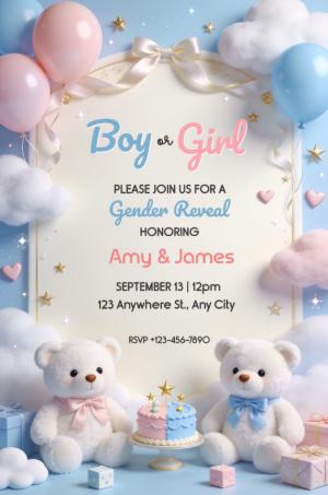 Cute Teddy Bear Gender Reveal Invitation Editable Template