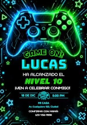 Invitación de Cumpleaños Gamer Neón para Editar