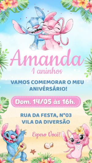 Convite de Aniversário Stitch e Angel: Modelo Tropical Editável