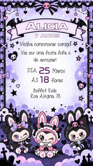 Convite de Aniversário Kuromi Gótico para Editar Online