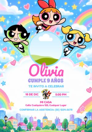 Invitación de Cumpleaños Las Chicas Superpoderosas con Foto Editable