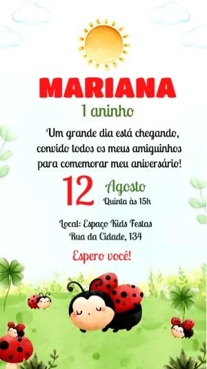 Convite Animado Aniversário Joaninha Fofa Jardim Aquarela para Editar